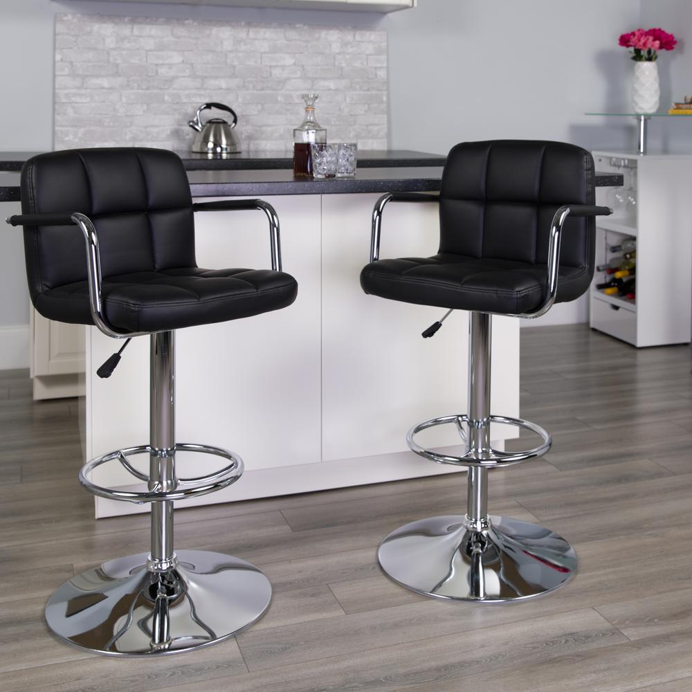 Contemporary Black Quilted Vinyl Adjustable Height Barstool with Arms and Chrome Base. Picture 9