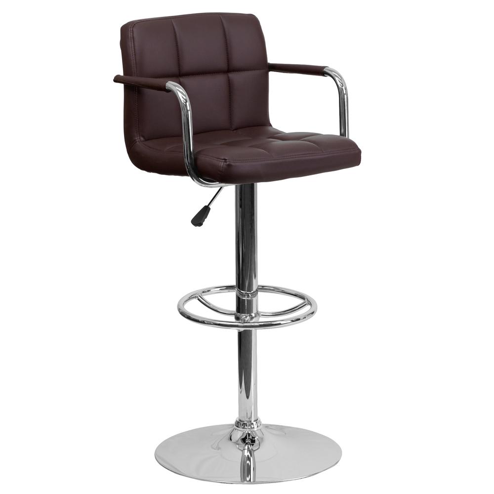 Contemporary Brown Quilted Vinyl Adjustable Height Barstool with Arms and Chrome Base. Picture 1