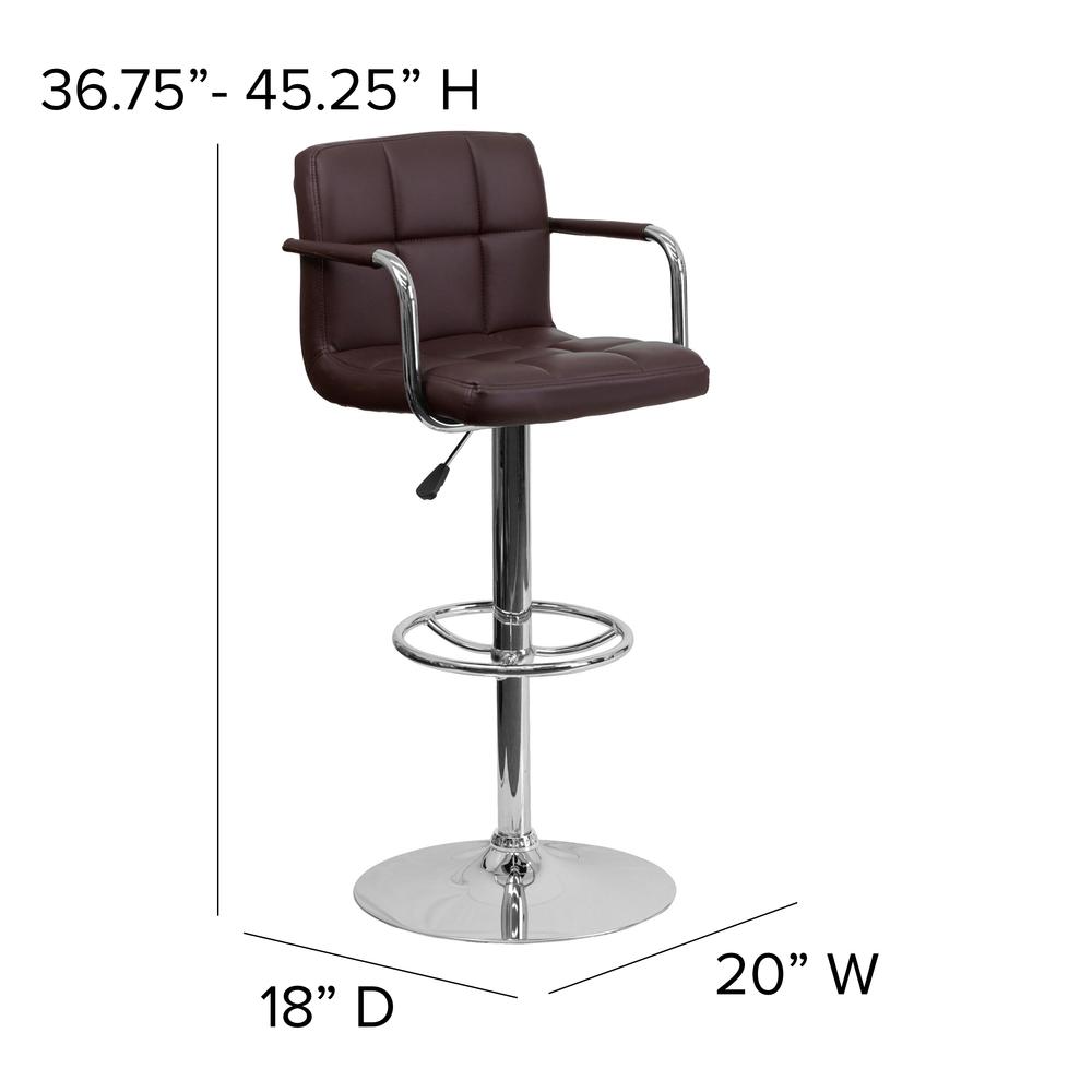 Contemporary Brown Quilted Vinyl Adjustable Height Barstool with Arms and Chrome Base. Picture 2