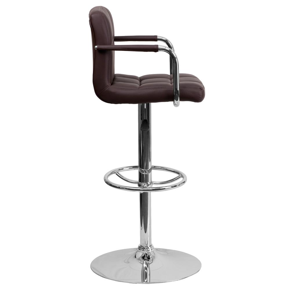 Contemporary Brown Quilted Vinyl Adjustable Height Barstool with Arms and Chrome Base. Picture 3