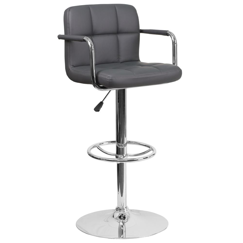 Contemporary Gray Quilted Vinyl Adjustable Height Barstool with Arms and Chrome Base. The main picture.