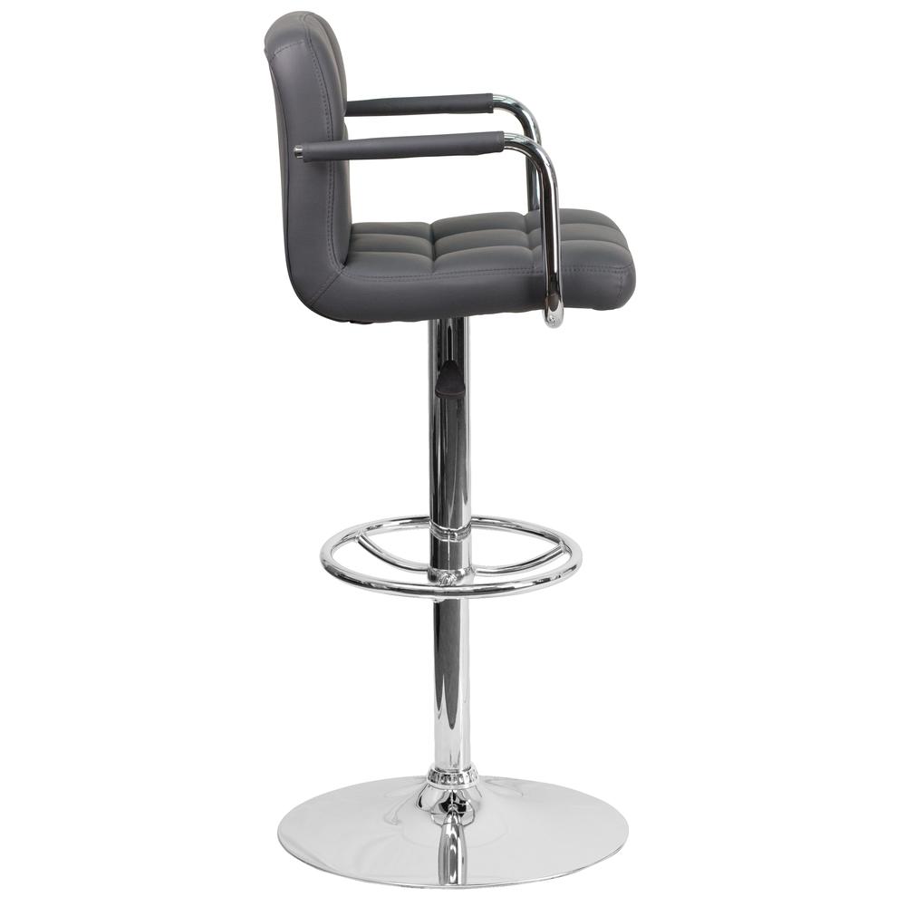 Contemporary Gray Quilted Vinyl Adjustable Height Barstool with Arms and Chrome Base. Picture 2