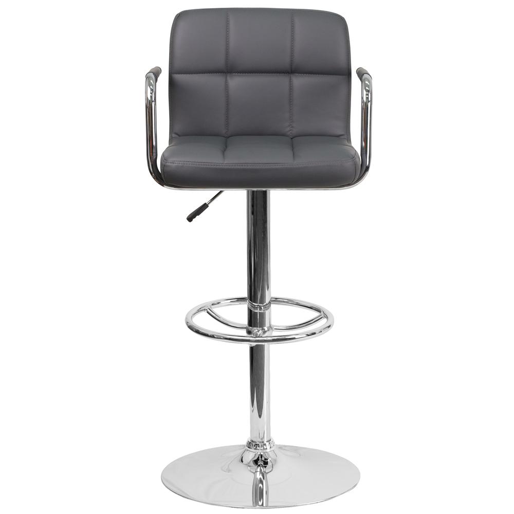 Contemporary Gray Quilted Vinyl Adjustable Height Barstool with Arms and Chrome Base. Picture 4