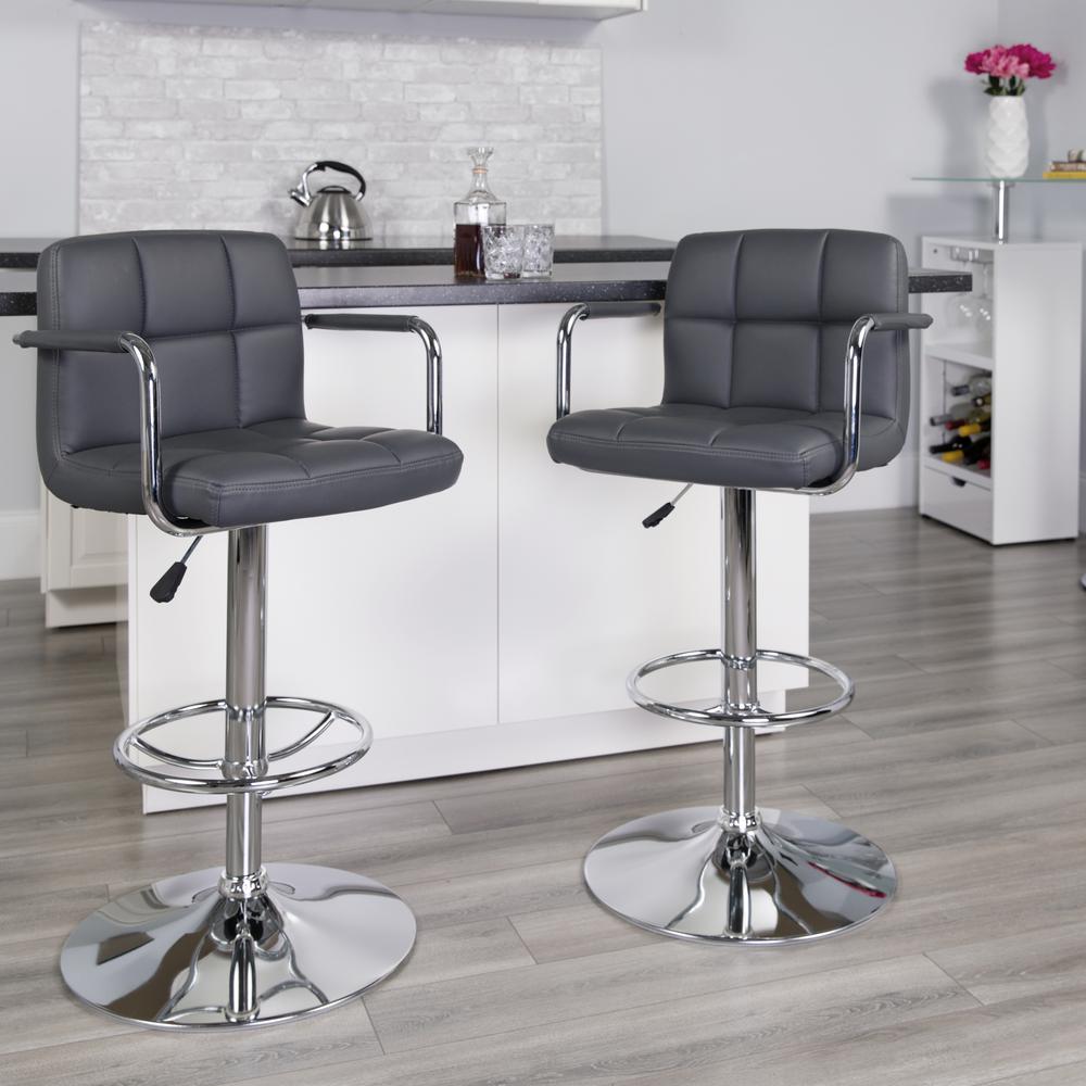 Contemporary Gray Quilted Vinyl Adjustable Height Barstool with Arms and Chrome Base. Picture 5