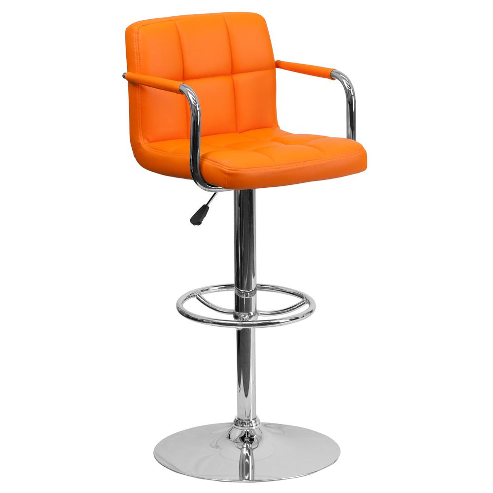 Contemporary Orange Quilted Vinyl Adjustable Height Barstool with Arms and Chrome Base. Picture 1