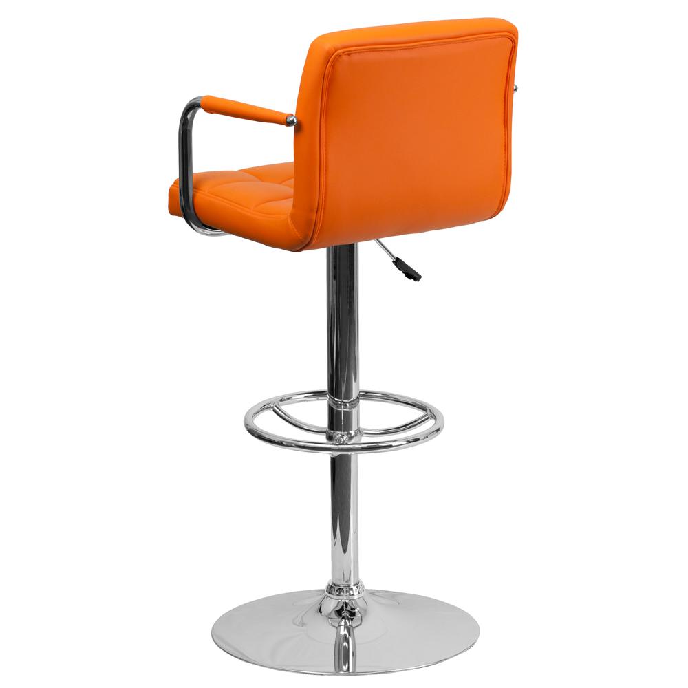Contemporary Orange Quilted Vinyl Adjustable Height Barstool with Arms and Chrome Base. Picture 3