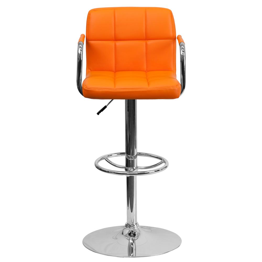 Contemporary Orange Quilted Vinyl Adjustable Height Barstool with Arms and Chrome Base. Picture 4