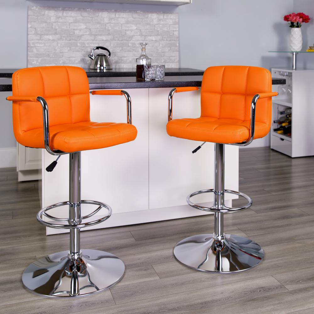 Contemporary Orange Quilted Vinyl Adjustable Height Barstool with Arms and Chrome Base. Picture 5