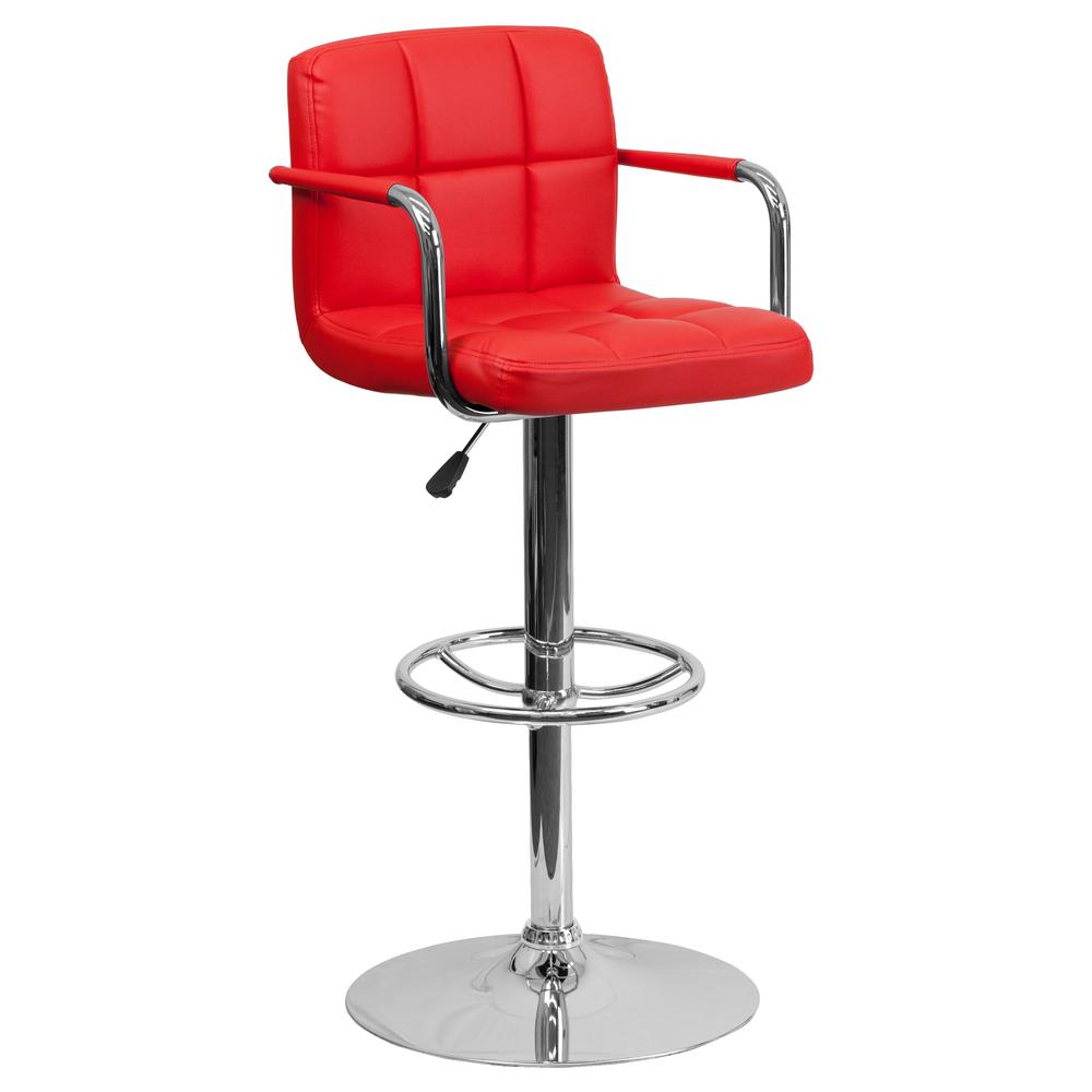 Contemporary Red Quilted Vinyl Adjustable Height Barstool with Arms and Chrome Base. The main picture.