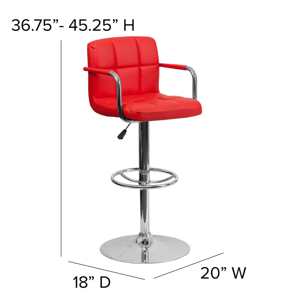 Contemporary Red Quilted Vinyl Adjustable Height Barstool with Arms and Chrome Base. Picture 2
