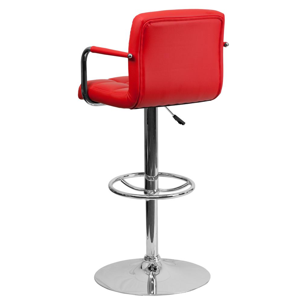 Contemporary Red Quilted Vinyl Adjustable Height Barstool with Arms and Chrome Base. Picture 4