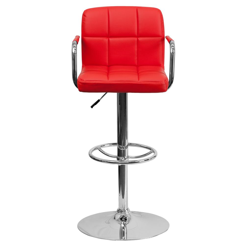 Contemporary Red Quilted Vinyl Adjustable Height Barstool with Arms and Chrome Base. Picture 5