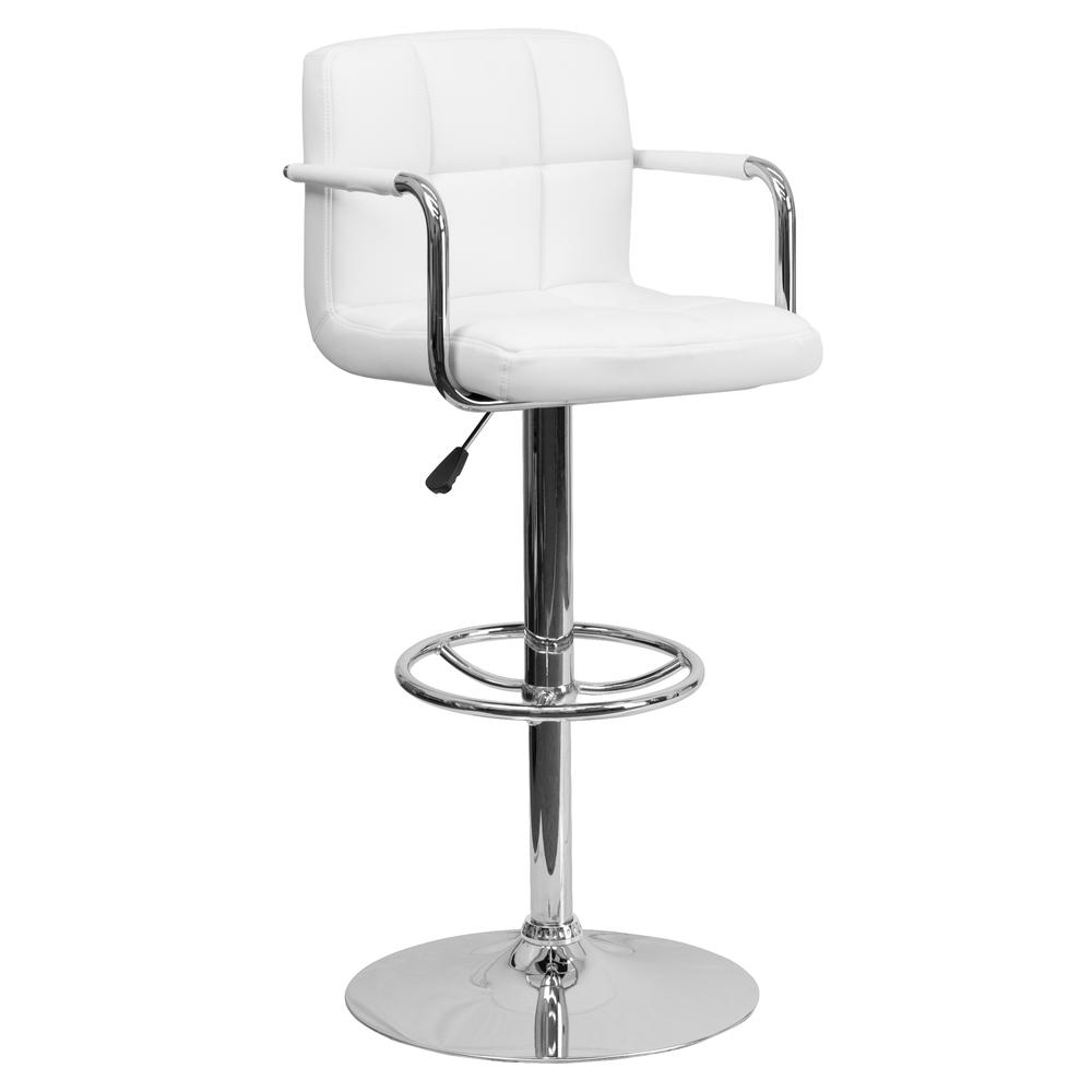 Contemporary White Quilted Vinyl Adjustable Height Barstool with Arms and Chrome Base. The main picture.