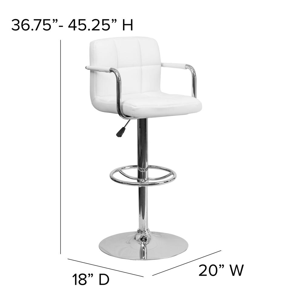 Contemporary White Quilted Vinyl Adjustable Height Barstool with Arms and Chrome Base. Picture 2