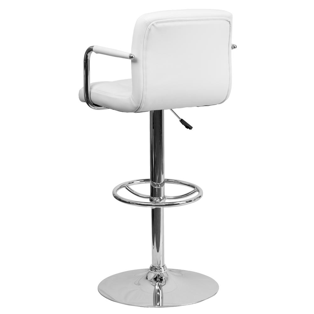 Contemporary White Quilted Vinyl Adjustable Height Barstool with Arms and Chrome Base. Picture 4