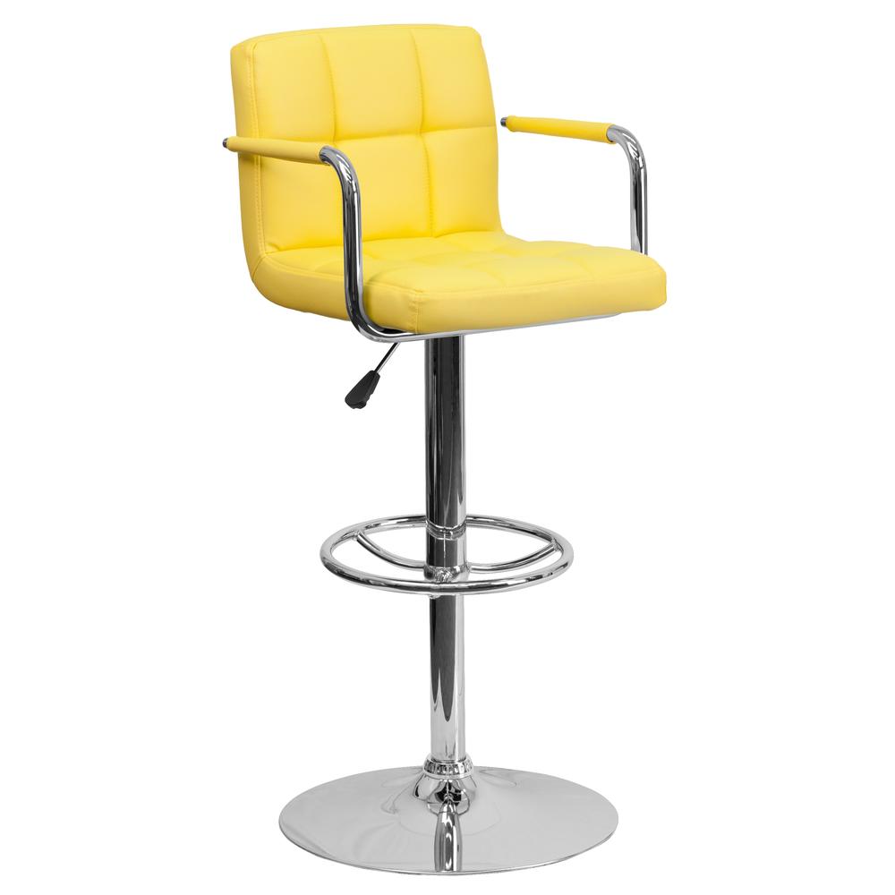 Contemporary Yellow Quilted Vinyl Adjustable Height Barstool with Arms and Chrome Base. Picture 1