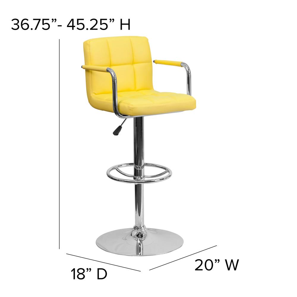 Contemporary Yellow Quilted Vinyl Adjustable Height Barstool with Arms and Chrome Base. Picture 2