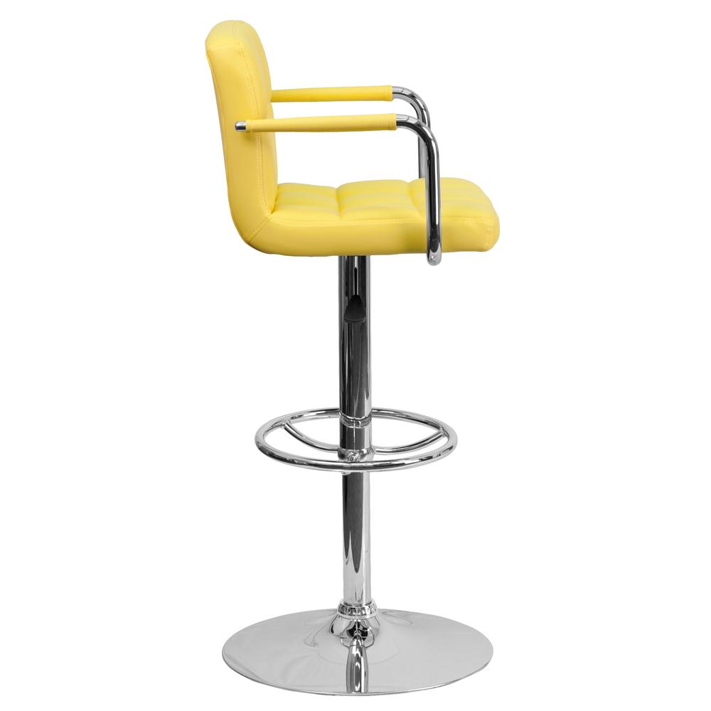 Contemporary Yellow Quilted Vinyl Adjustable Height Barstool with Arms and Chrome Base. Picture 3