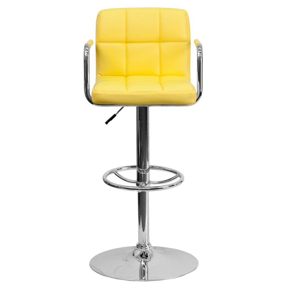 Contemporary Yellow Quilted Vinyl Adjustable Height Barstool with Arms and Chrome Base. Picture 5