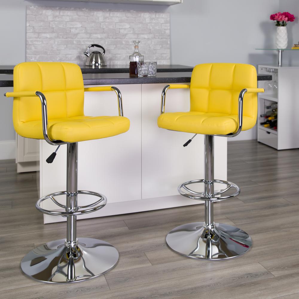 Contemporary Yellow Quilted Vinyl Adjustable Height Barstool with Arms and Chrome Base. Picture 6