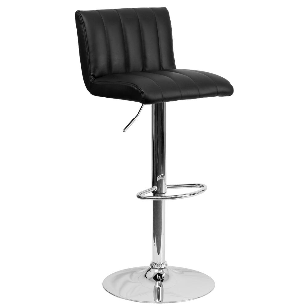 Contemporary Black Vinyl Adjustable Height Barstool with Vertical Stitch Back/Seat and Chrome Base. Picture 1