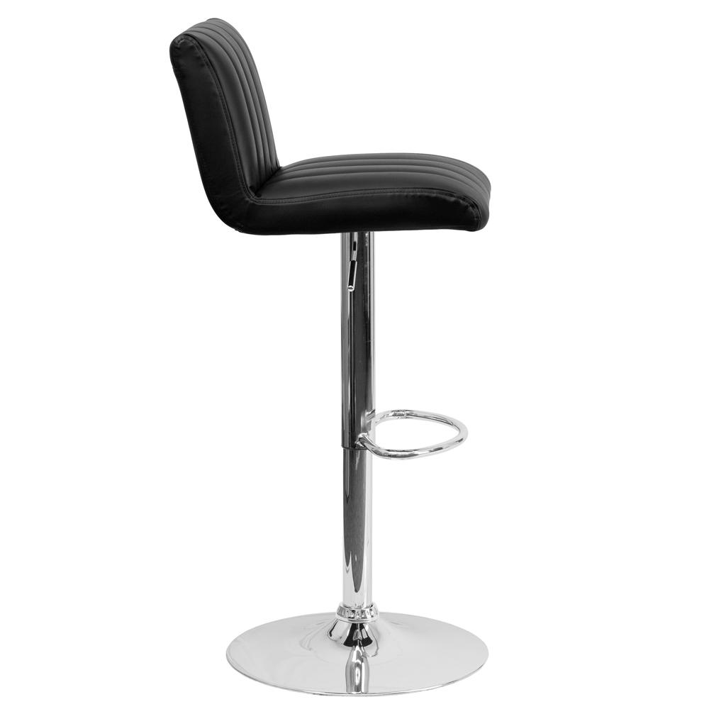Contemporary Black Vinyl Adjustable Height Barstool with Vertical Stitch Back/Seat and Chrome Base. Picture 2