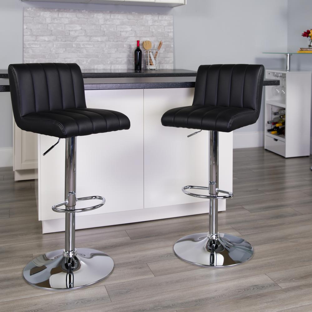 Contemporary Black Vinyl Adjustable Height Barstool with Vertical Stitch Back/Seat and Chrome Base. Picture 5