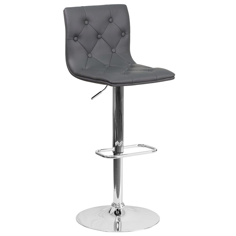 Contemporary Button Tufted Gray Vinyl Adjustable Height Barstool with Chrome Base. Picture 1