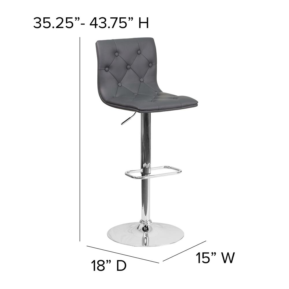 Contemporary Button Tufted Gray Vinyl Adjustable Height Barstool with Chrome Base. Picture 2