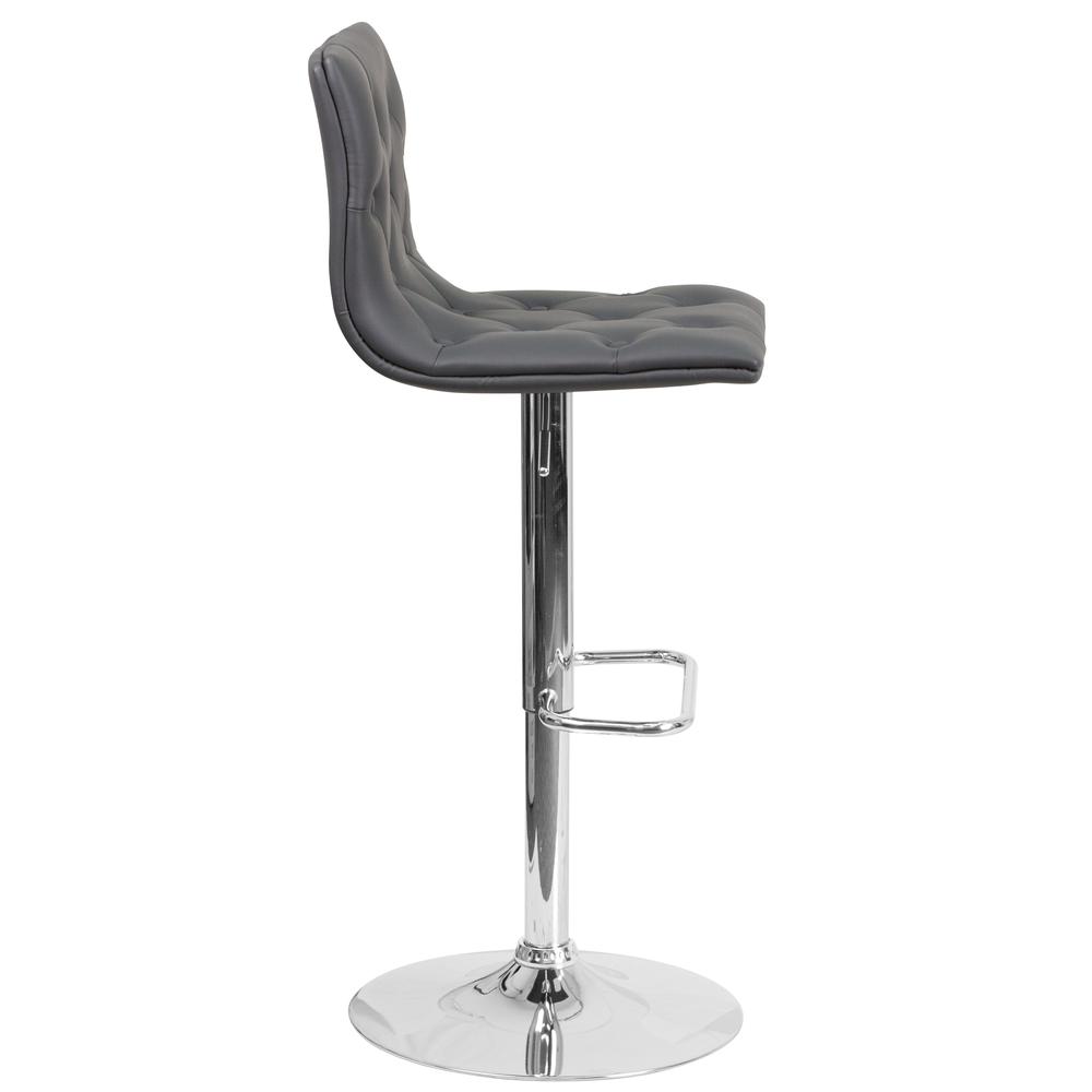 Contemporary Button Tufted Gray Vinyl Adjustable Height Barstool with Chrome Base. Picture 3