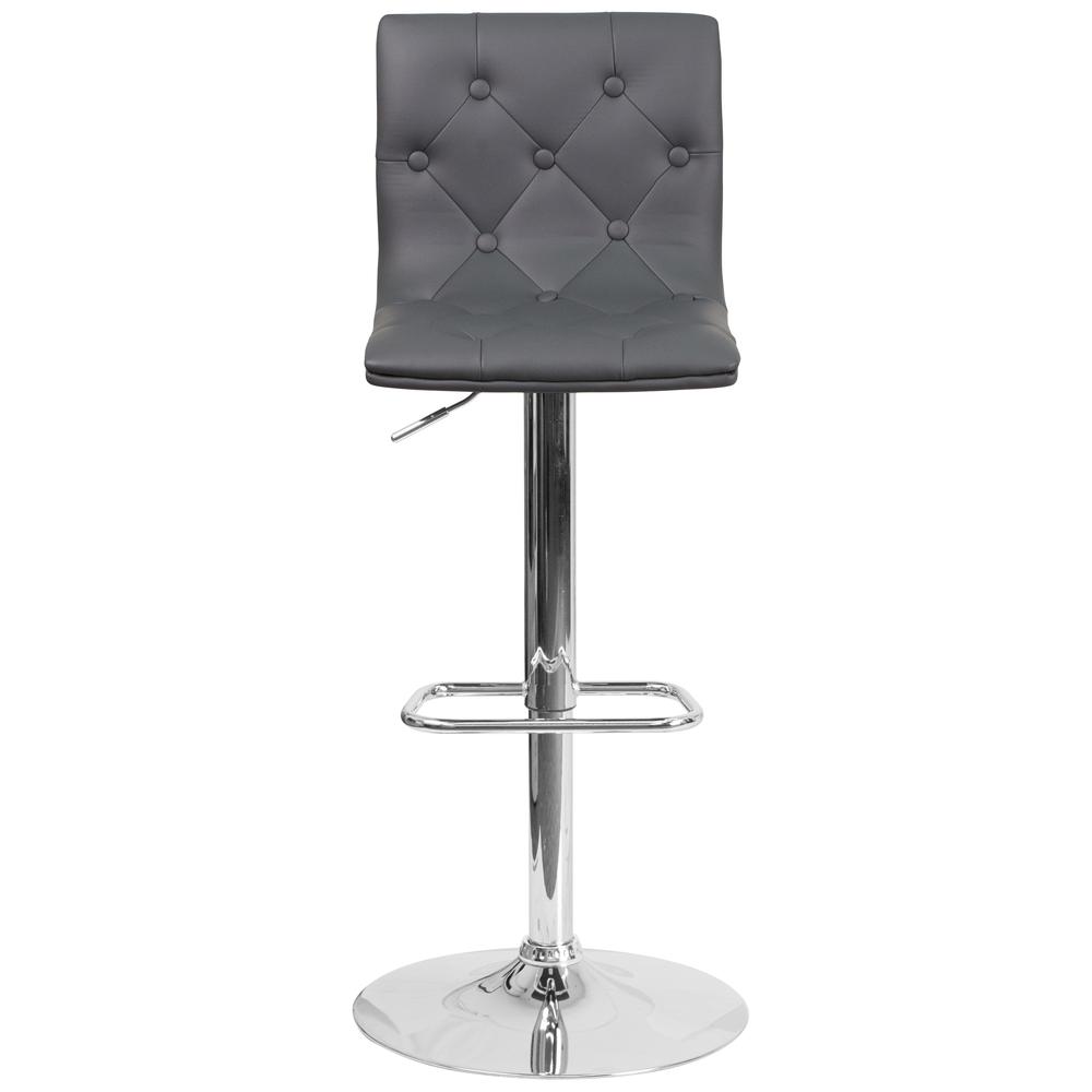 Contemporary Button Tufted Gray Vinyl Adjustable Height Barstool with Chrome Base. Picture 5