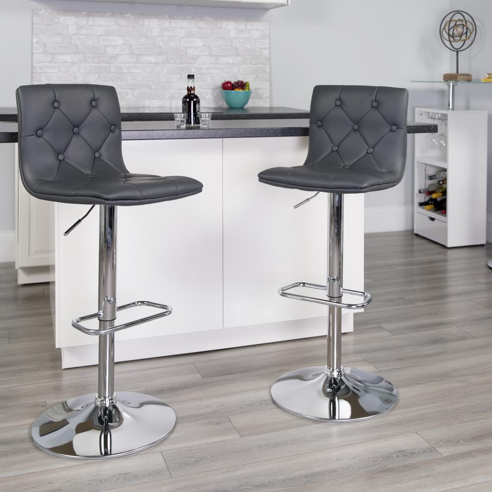 Contemporary Button Tufted Gray Vinyl Adjustable Height Barstool with Chrome Base. Picture 6