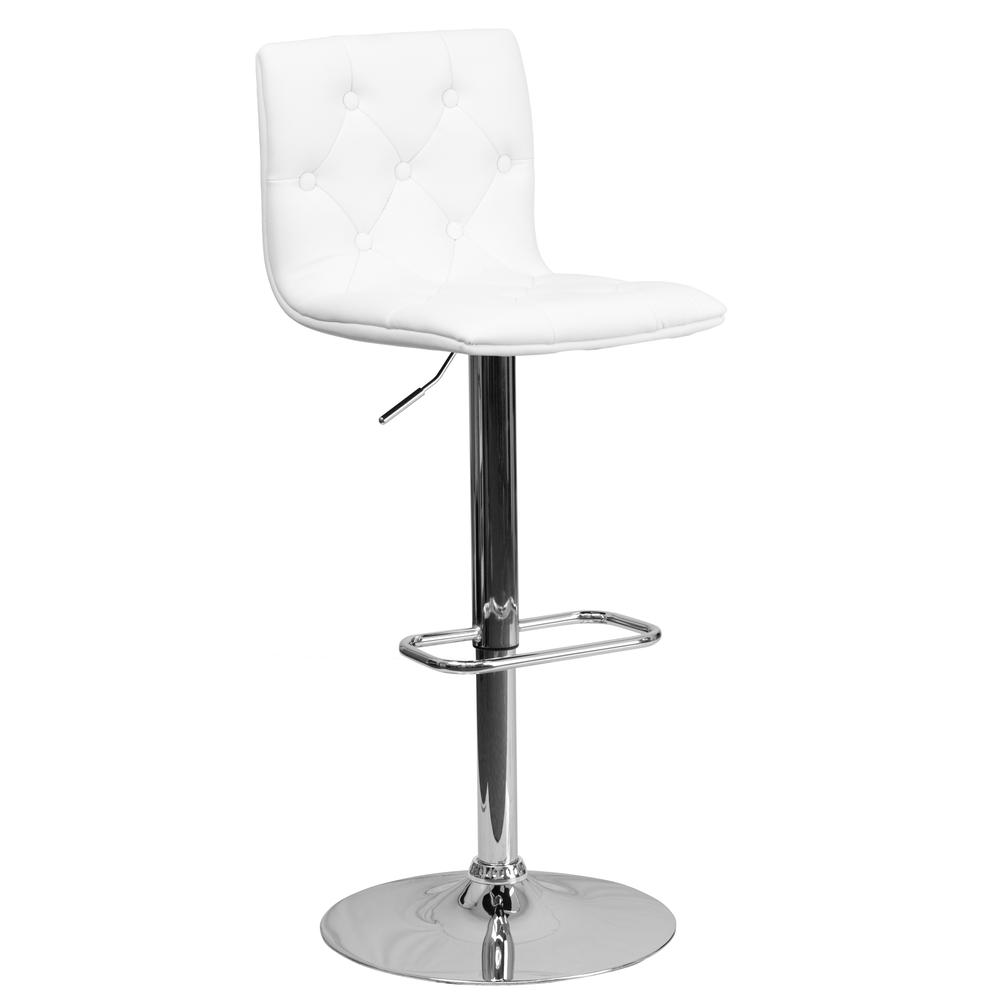 Contemporary Button Tufted White Vinyl Adjustable Height Barstool with Chrome Base. The main picture.
