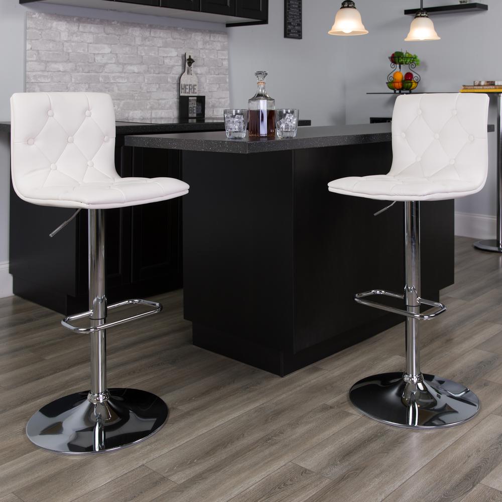 Contemporary Button Tufted White Vinyl Adjustable Height Barstool with Chrome Base. Picture 6