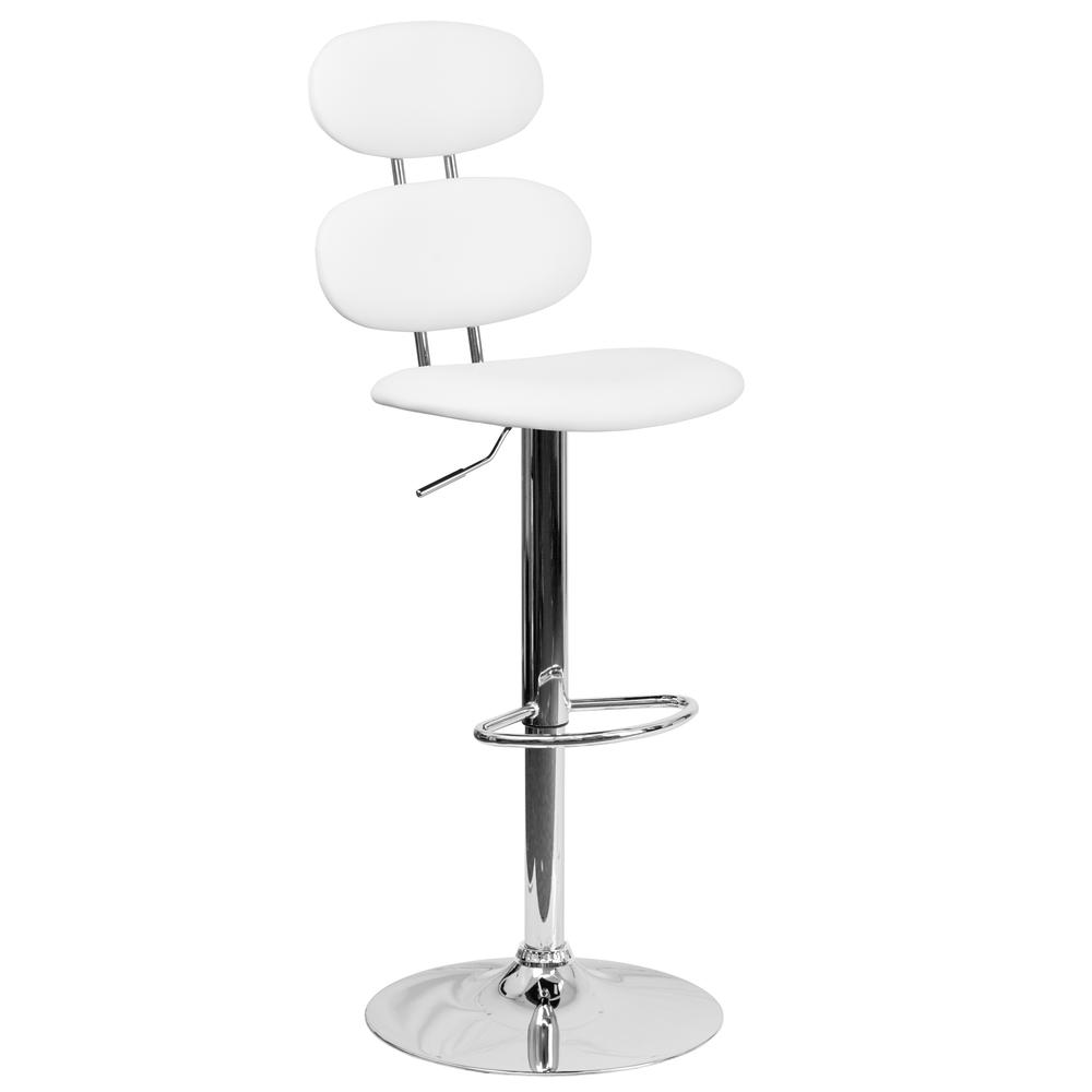Contemporary White Vinyl Adjustable Height Barstool with Ellipse Back and Chrome Base. The main picture.