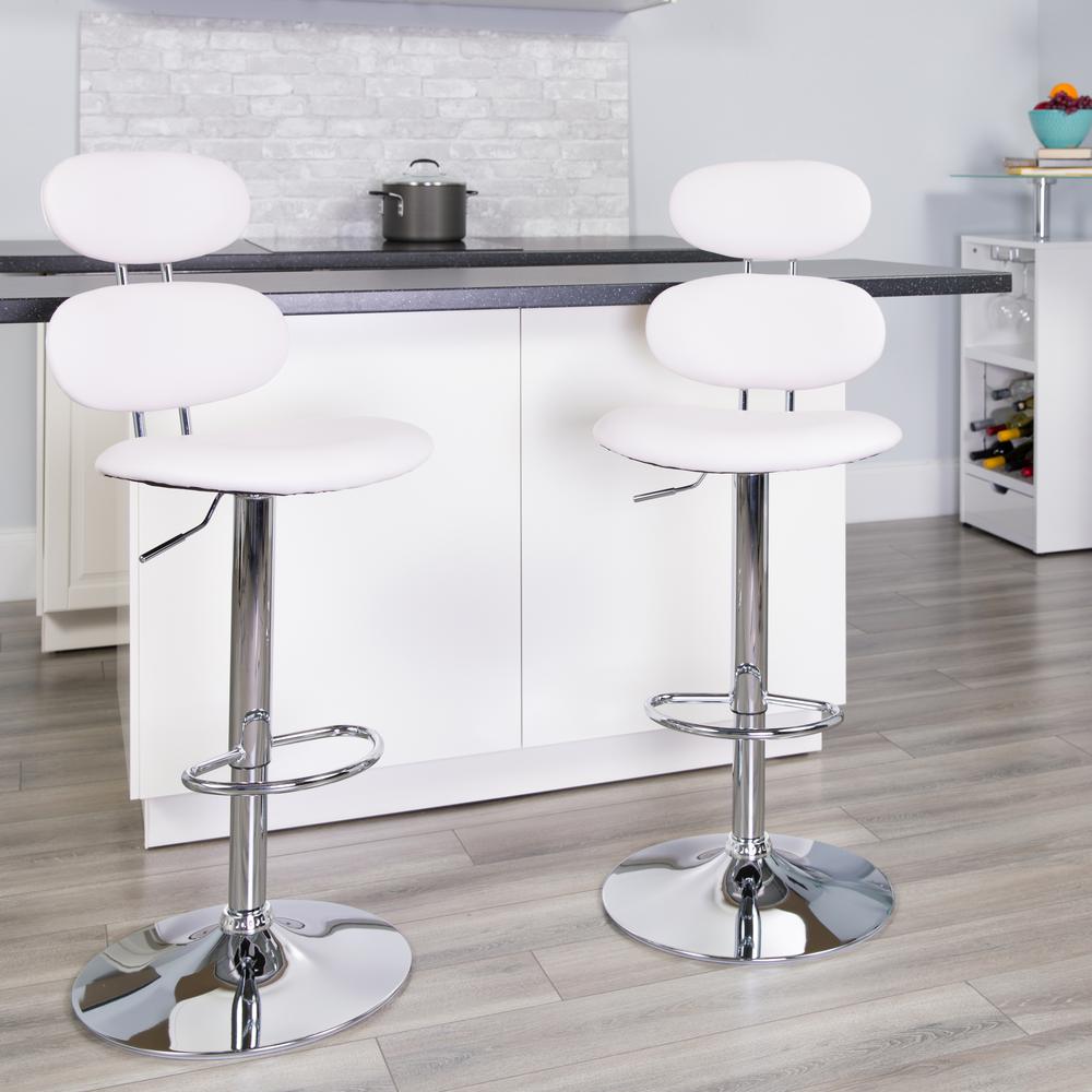 Contemporary White Vinyl Adjustable Height Barstool with Ellipse Back and Chrome Base. Picture 6