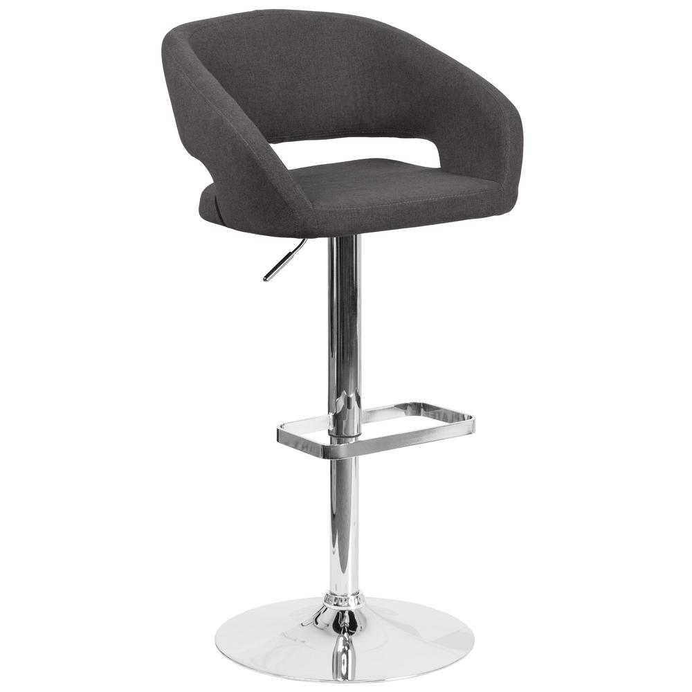 Contemporary Charcoal Fabric Adjustable Height Barstool with Rounded Mid-Back and Chrome Base. Picture 1