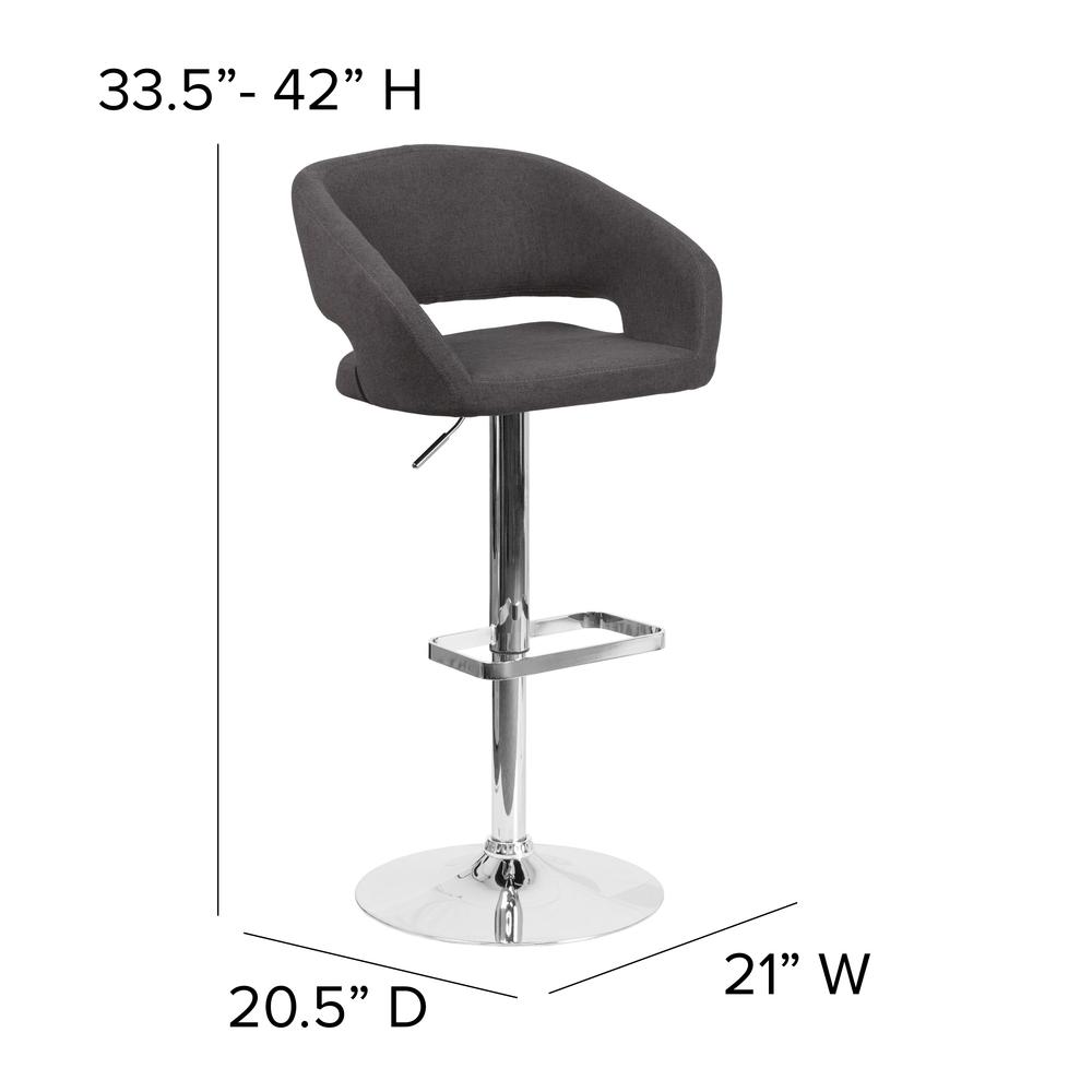 Contemporary Charcoal Fabric Adjustable Height Barstool with Rounded Mid-Back and Chrome Base. Picture 2