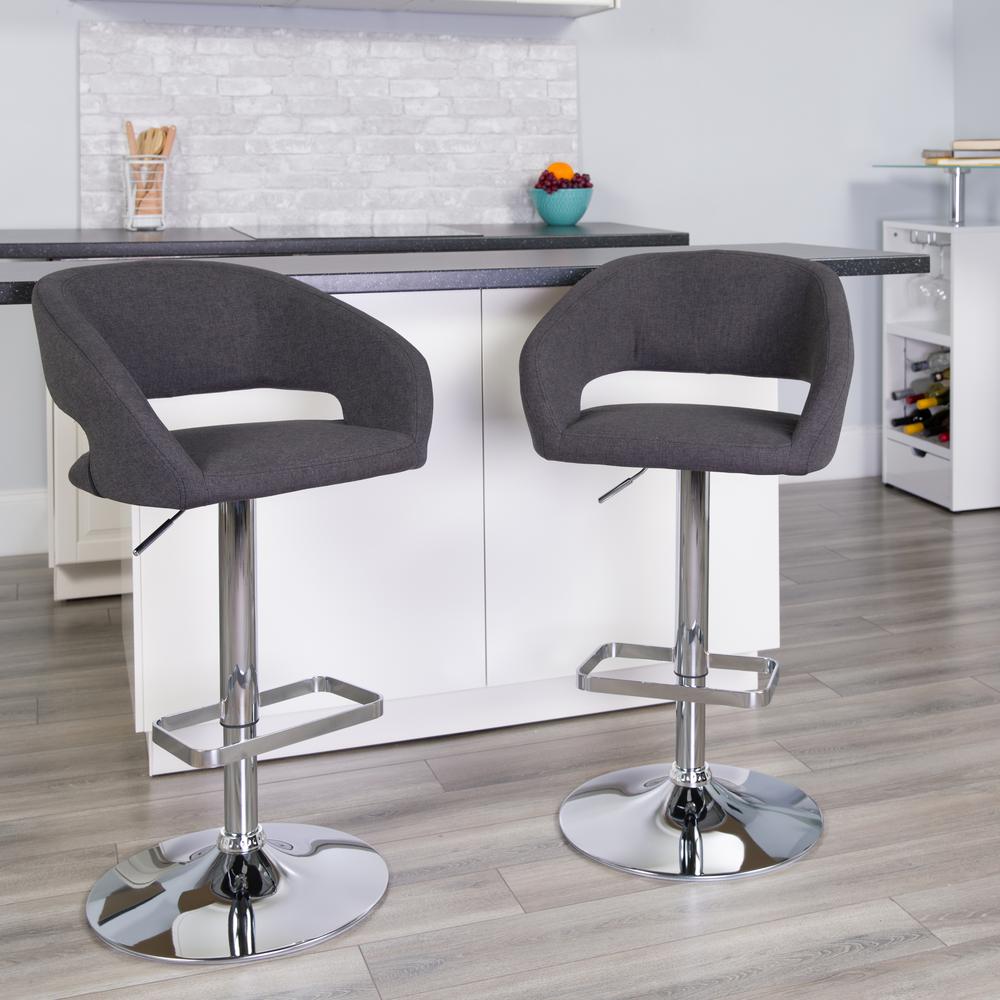Contemporary Charcoal Fabric Adjustable Height Barstool with Rounded Mid-Back and Chrome Base. Picture 9
