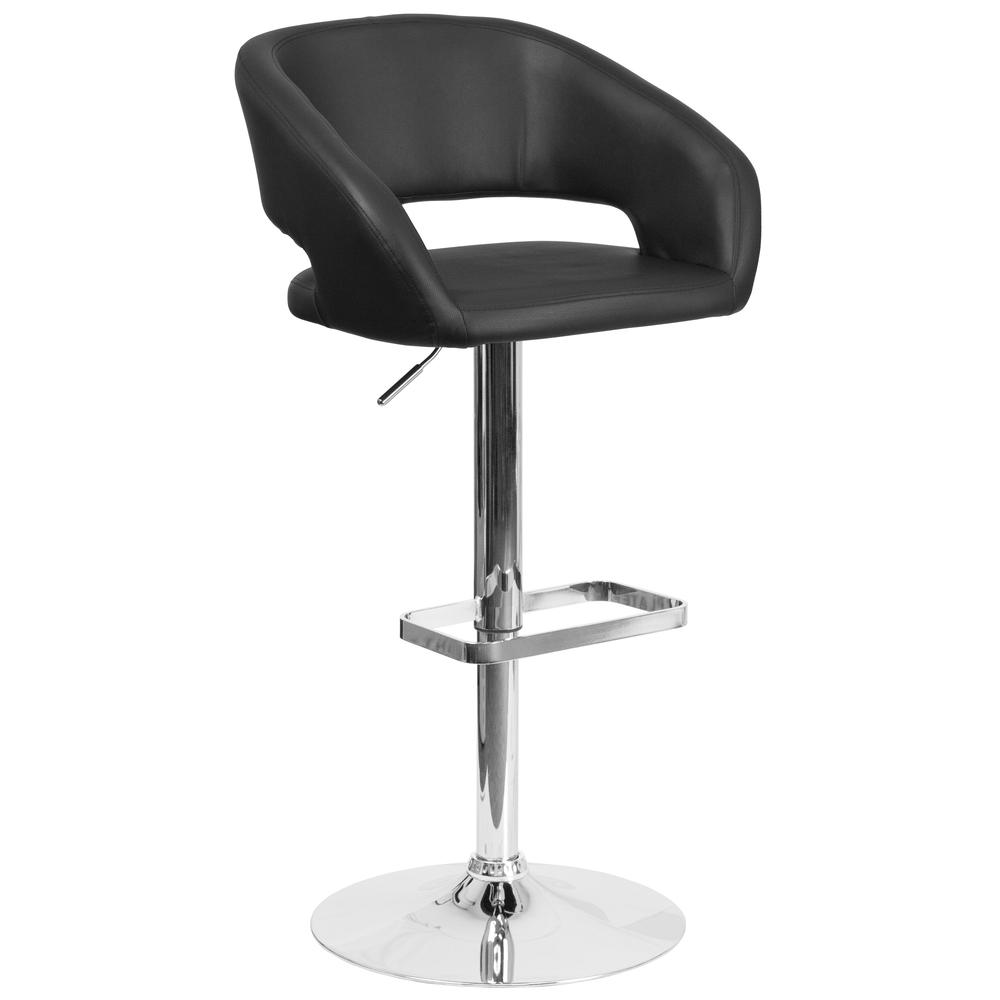 Contemporary Black Vinyl Adjustable Height Barstool with Rounded Mid-Back and Chrome Base. Picture 1