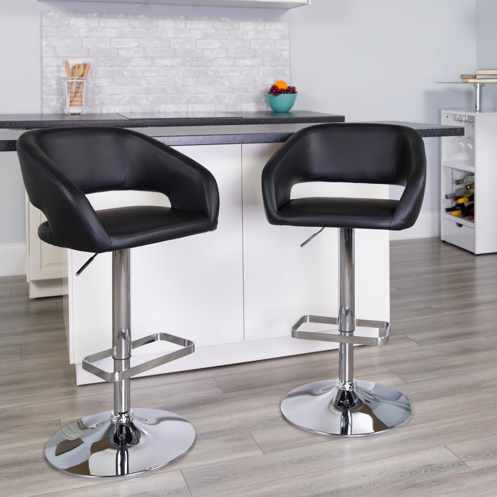 Contemporary Black Vinyl Adjustable Height Barstool with Rounded Mid-Back and Chrome Base. Picture 9