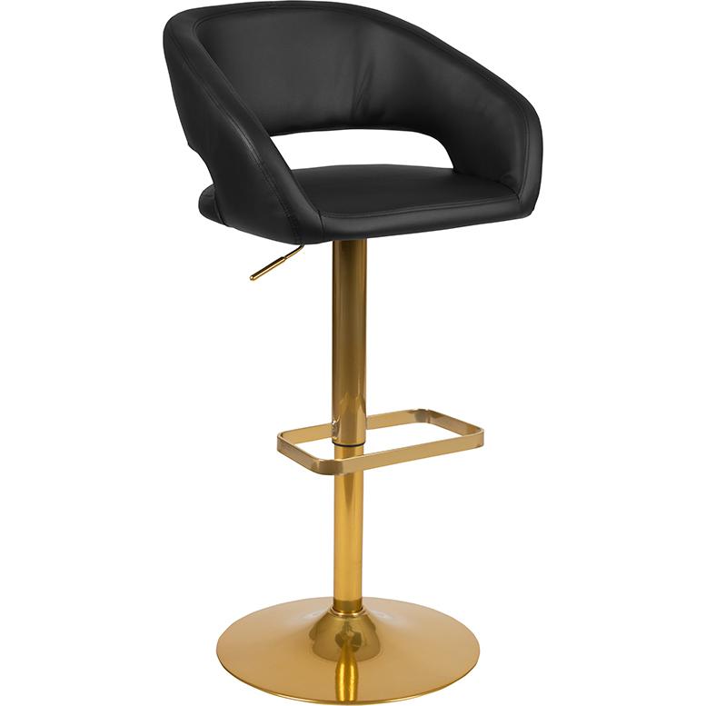 Black Vinyl Adjustable Height Barstool with Rounded Mid-Back and Gold Base. Picture 2