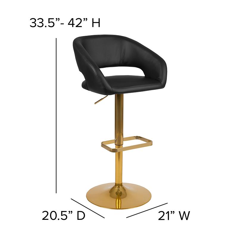 Black Vinyl Adjustable Height Barstool with Rounded Mid-Back and Gold Base. Picture 5
