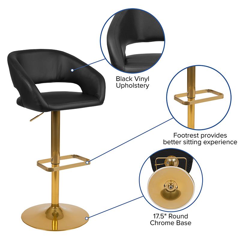 Black Vinyl Adjustable Height Barstool with Rounded Mid-Back and Gold Base. Picture 4