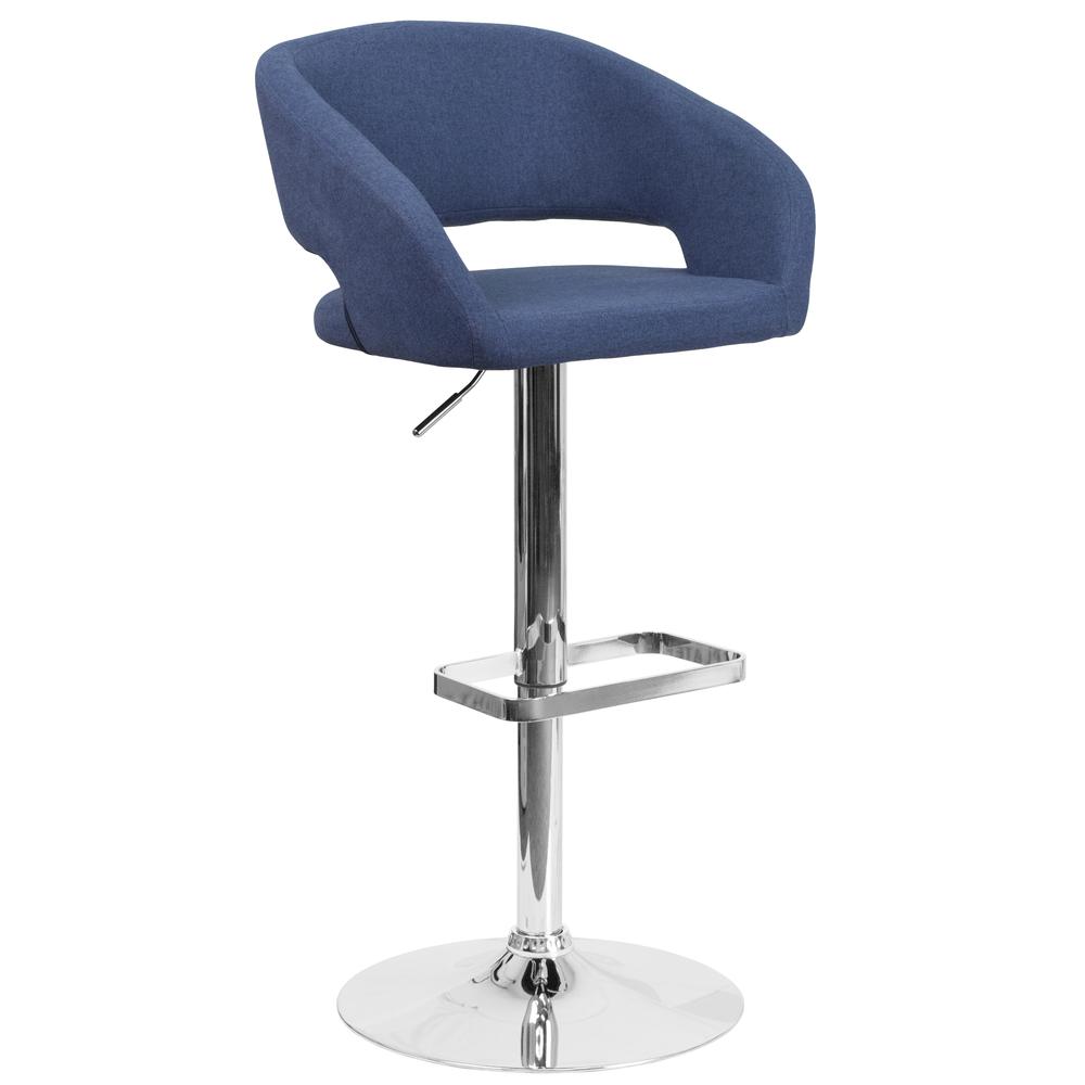 Contemporary Blue Fabric Adjustable Height Barstool with Rounded Mid-Back and Chrome Base. Picture 1