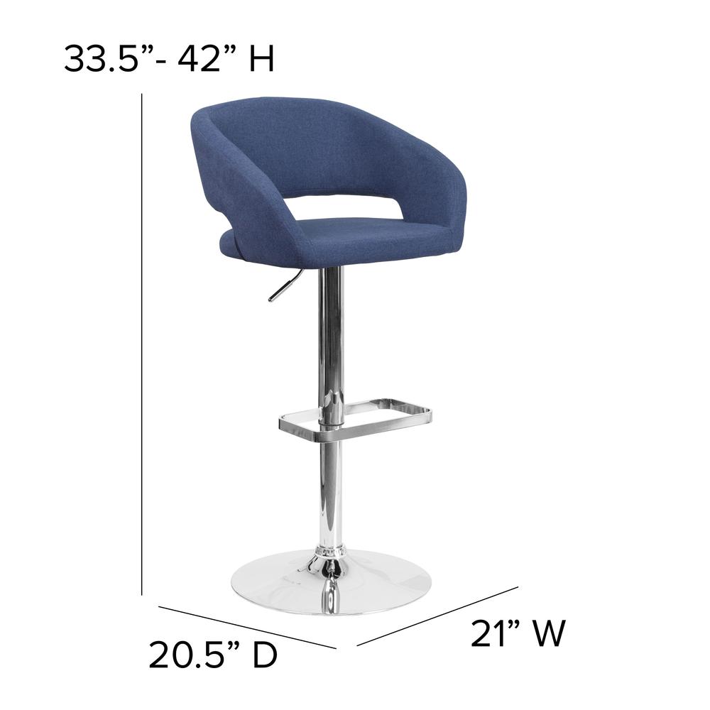 Contemporary Blue Fabric Adjustable Height Barstool with Rounded Mid-Back and Chrome Base. Picture 2