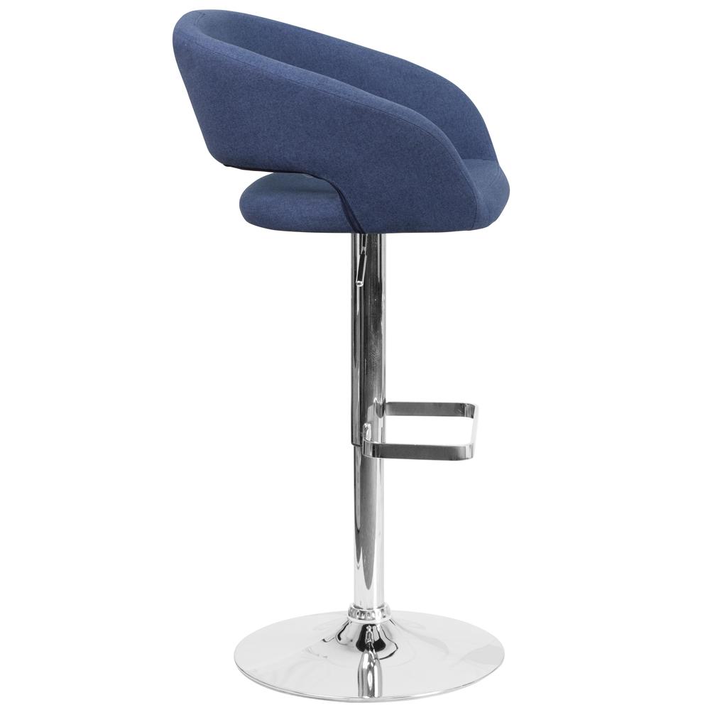 Contemporary Blue Fabric Adjustable Height Barstool with Rounded Mid-Back and Chrome Base. Picture 3