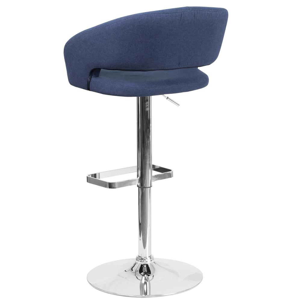Contemporary Blue Fabric Adjustable Height Barstool with Rounded Mid-Back and Chrome Base. Picture 4