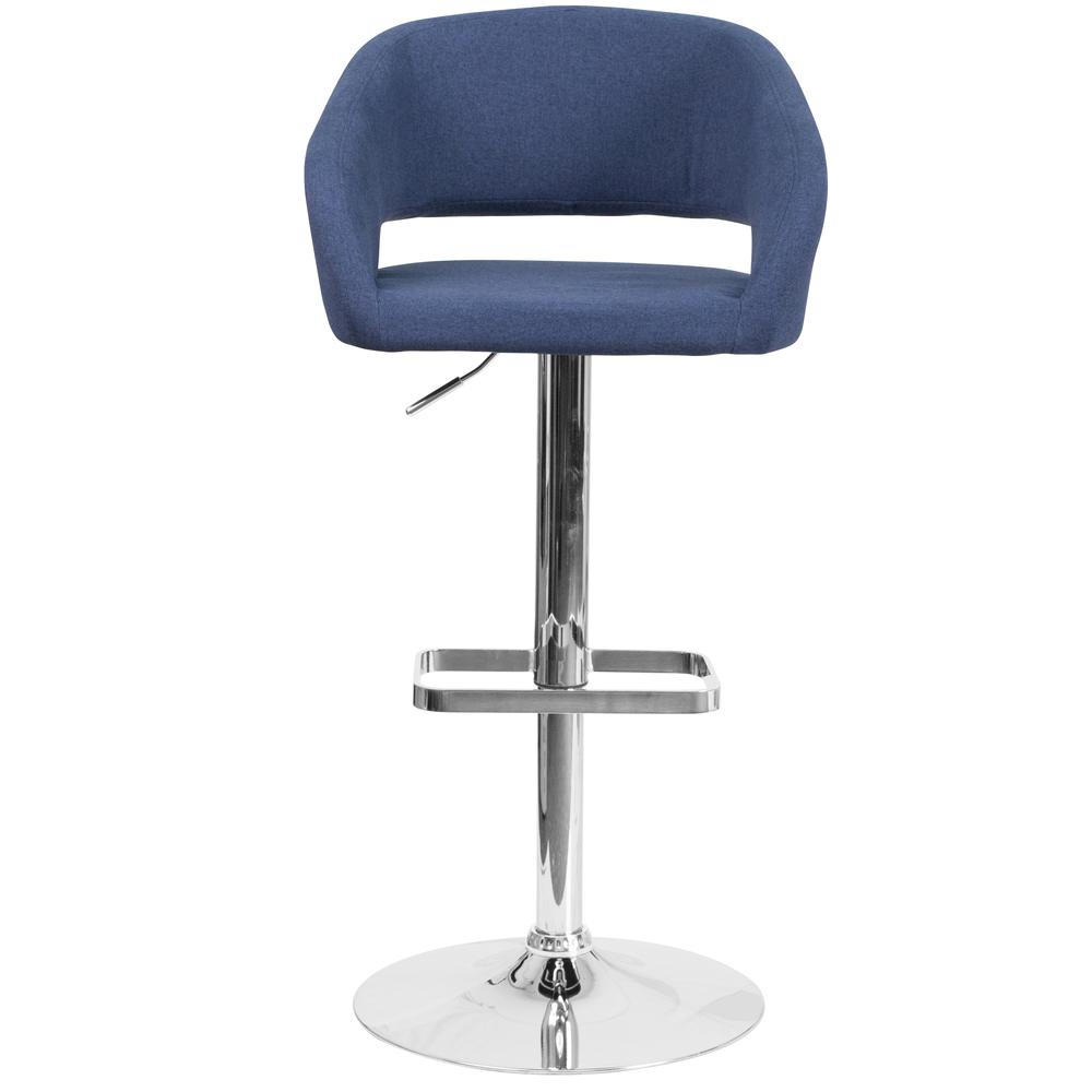 Contemporary Blue Fabric Adjustable Height Barstool with Rounded Mid-Back and Chrome Base. Picture 5