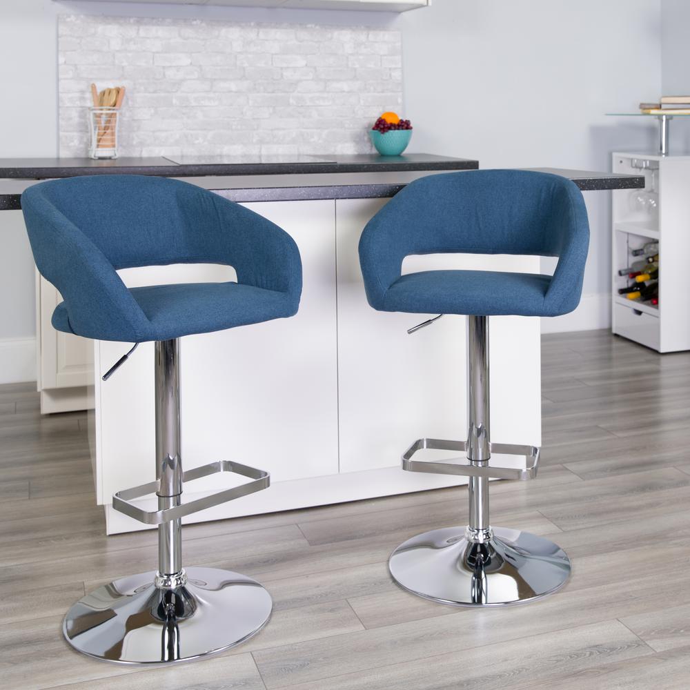 Contemporary Blue Fabric Adjustable Height Barstool with Rounded Mid-Back and Chrome Base. Picture 6